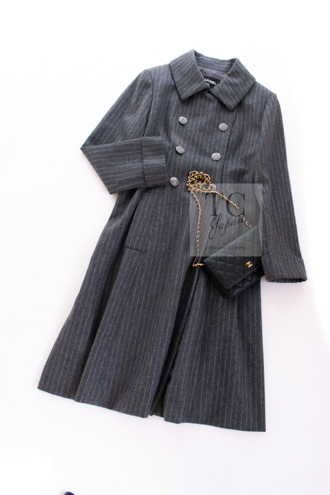 CHANEL 18PF Charcoal Gray Striped Wool Coat 40 シャネル チャコール グレー ストライプ ウール コート 即発