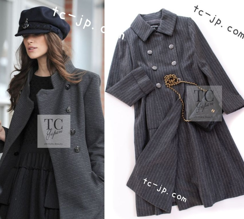 CHANEL 18PF Charcoal Gray Striped Wool Coat 40 シャネル チャコール グレー ストライプ ウール コート 即発