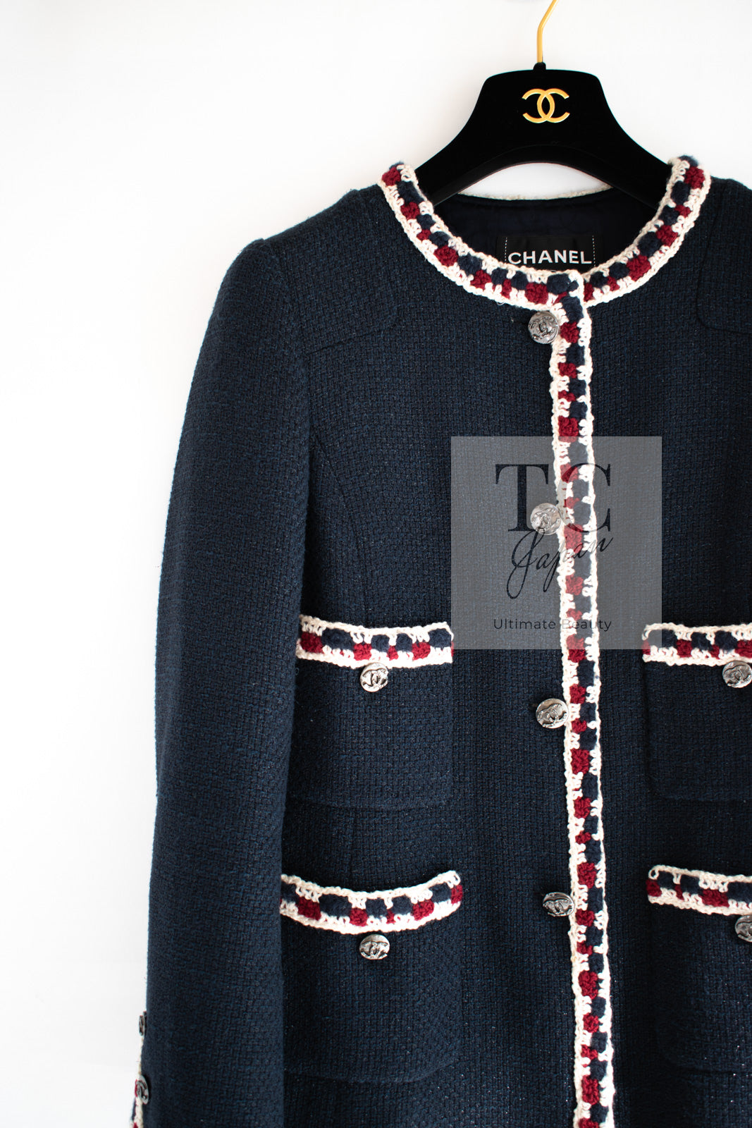 CHANEL 11S Navy Crochet Braid Trim Cotton Jacket 36 38 シャネル ネイビー クロシェット ブレイド トリミング コットン ジャケット 即発