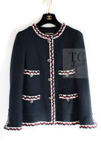 CHANEL 11S Navy Crochet Braid Trim Cotton Jacket 36 38 シャネル ネイビー クロシェット ブレイド トリミング コットン ジャケット 即発