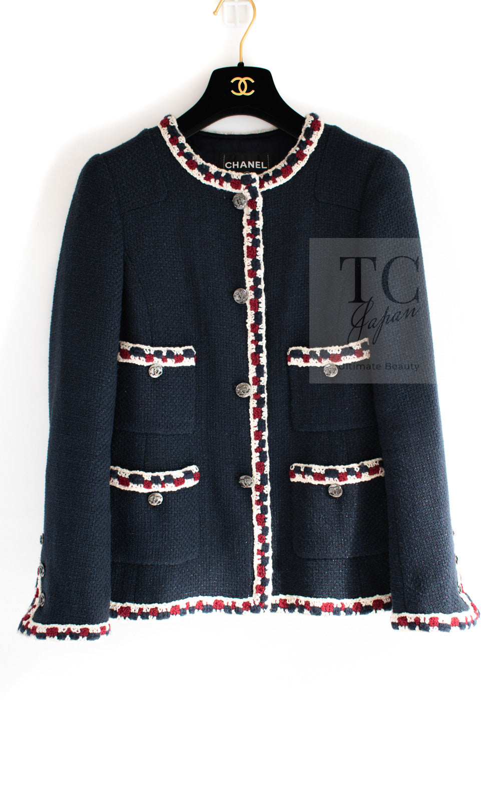 CHANEL 11S Navy Crochet Braid Trim Cotton Jacket 36 38 シャネル ネイビー クロシェット ブレイド トリミング コットン ジャケット 即発
