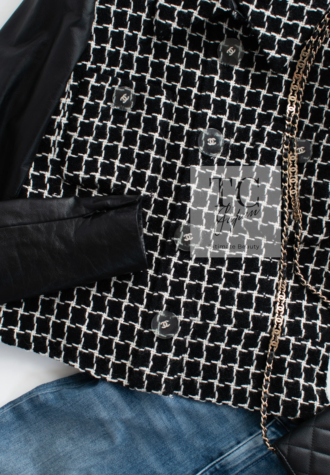 CHANEL 17PF Black Wool Calfskin Lethear Sleeve Tweed Jacket 38 シャネル ブラック ウール 袖 レザー ツイード ジャケット 即発