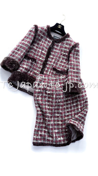 CHANEL 05A Rabbit Fur Trim Raspberry Brown Tweed Jacket Skirt Suit 38 シャネル ラビット・ファートリム・ラズベリー・ブラウン・ツイード・ジャケット・スカート・スーツ 即発