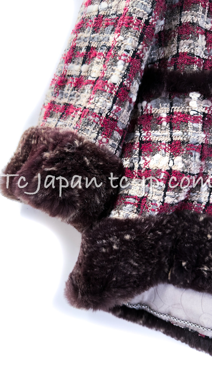 CHANEL 05A Rabbit Fur Trim Raspberry Brown Tweed Jacket Skirt Suit 38 シャネル ラビット・ファートリム・ラズベリー・ブラウン・ツイード・ジャケット・スカート・スーツ 即発