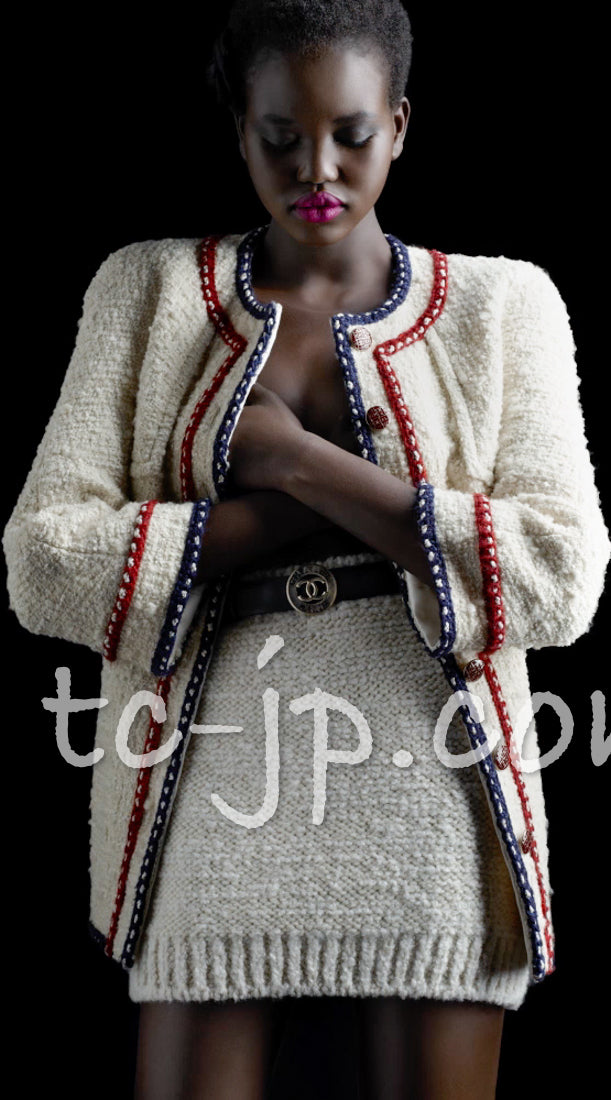 CHANEL 18PA Ivory Navy Red Tricolor Braid Trim Wool Tweed Jacket Coat 36 38 シャネル アイボリー ネイビー レッド トリコロール ブレード トリム ウール ジャケット コート 即発