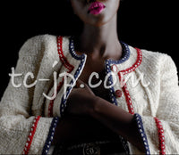 CHANEL 18PA Ivory Navy Red Tricolor Braid Trim Wool Tweed Jacket Coat 36 38 シャネル アイボリー ネイビー レッド トリコロール ブレード トリム ウール ジャケット コート 即発