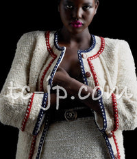CHANEL 18PA Ivory Navy Red Tricolor Braid Trim Wool Tweed Jacket Coat 36 38 シャネル アイボリー ネイビー レッド トリコロール ブレード トリム ウール ジャケット コート 即発