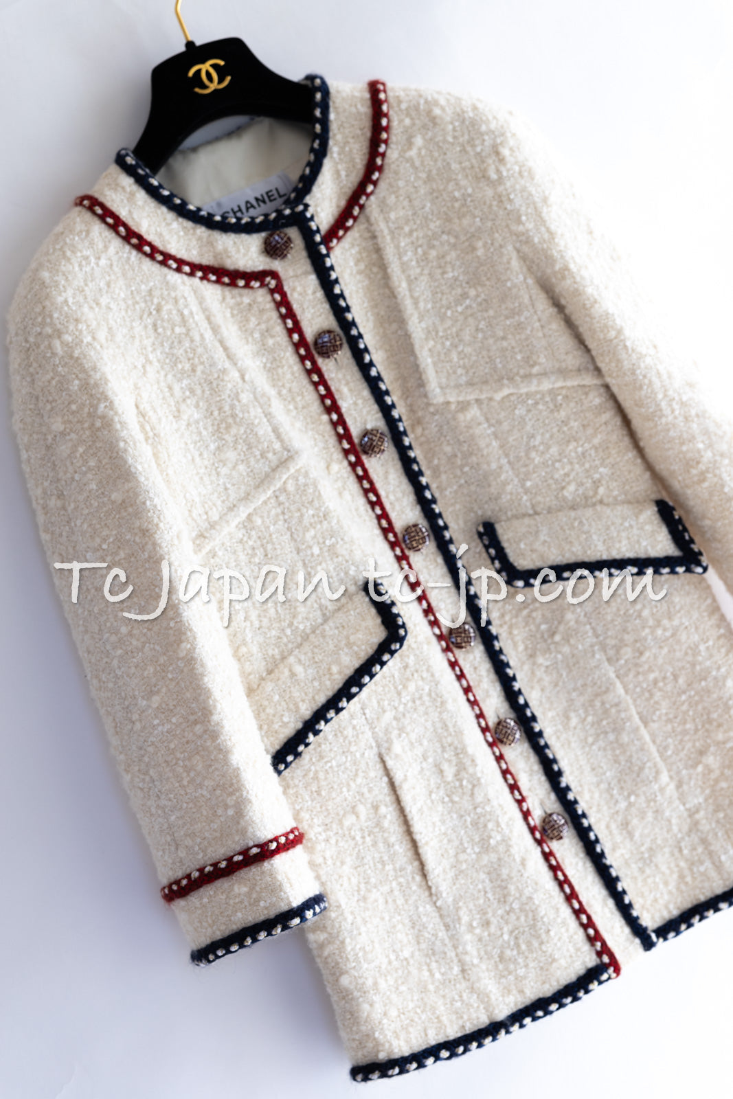 CHANEL 18PA Ivory Navy Red Tricolor Braid Trim Wool Tweed Jacket Coat 36 38 シャネル アイボリー ネイビー レッド トリコロール ブレード トリム ウール ジャケット コート 即発
