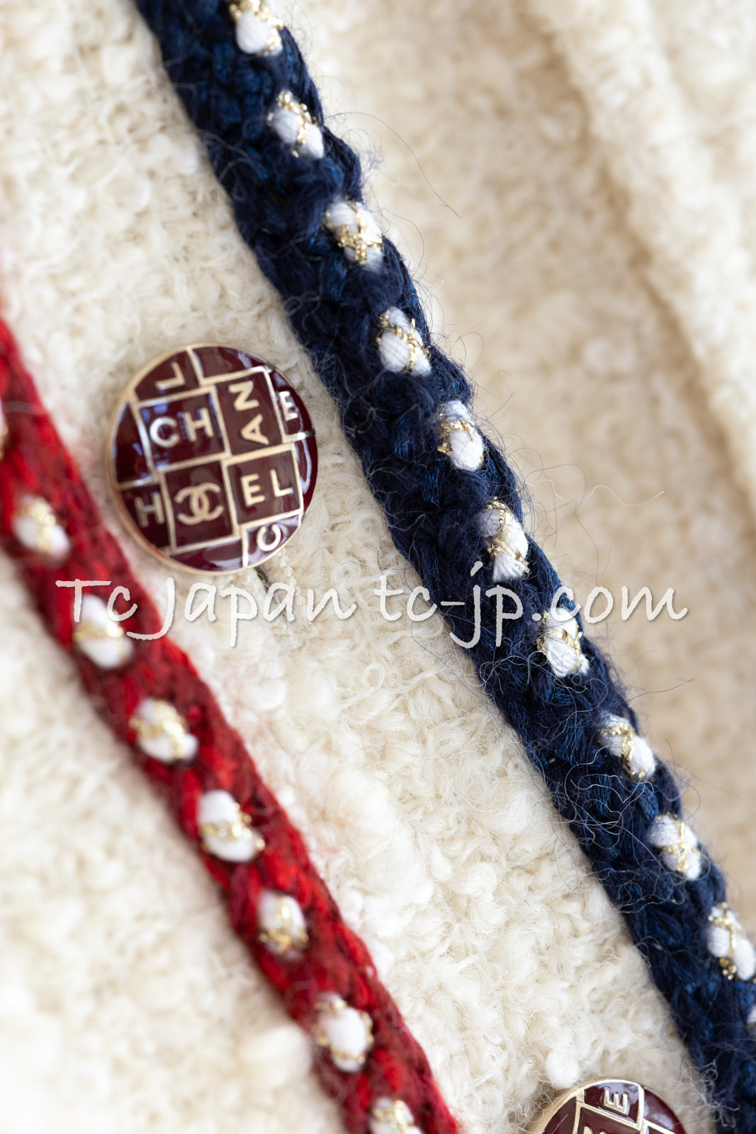CHANEL 18PA Ivory Navy Red Tricolor Braid Trim Wool Tweed Jacket Coat 36 38 シャネル アイボリー ネイビー レッド トリコロール ブレード トリム ウール ジャケット コート 即発