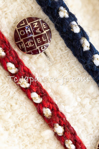 CHANEL 18PA Ivory Navy Red Tricolor Braid Trim Wool Tweed Jacket Coat 36 38 シャネル アイボリー ネイビー レッド トリコロール ブレード トリム ウール ジャケット コート 即発