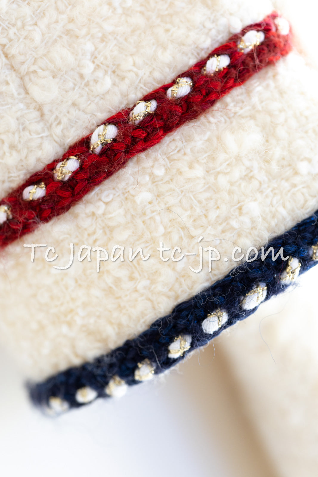CHANEL 18PA Ivory Navy Red Tricolor Braid Trim Wool Tweed Jacket Coat 36 38 シャネル アイボリー ネイビー レッド トリコロール ブレード トリム ウール ジャケット コート 即発