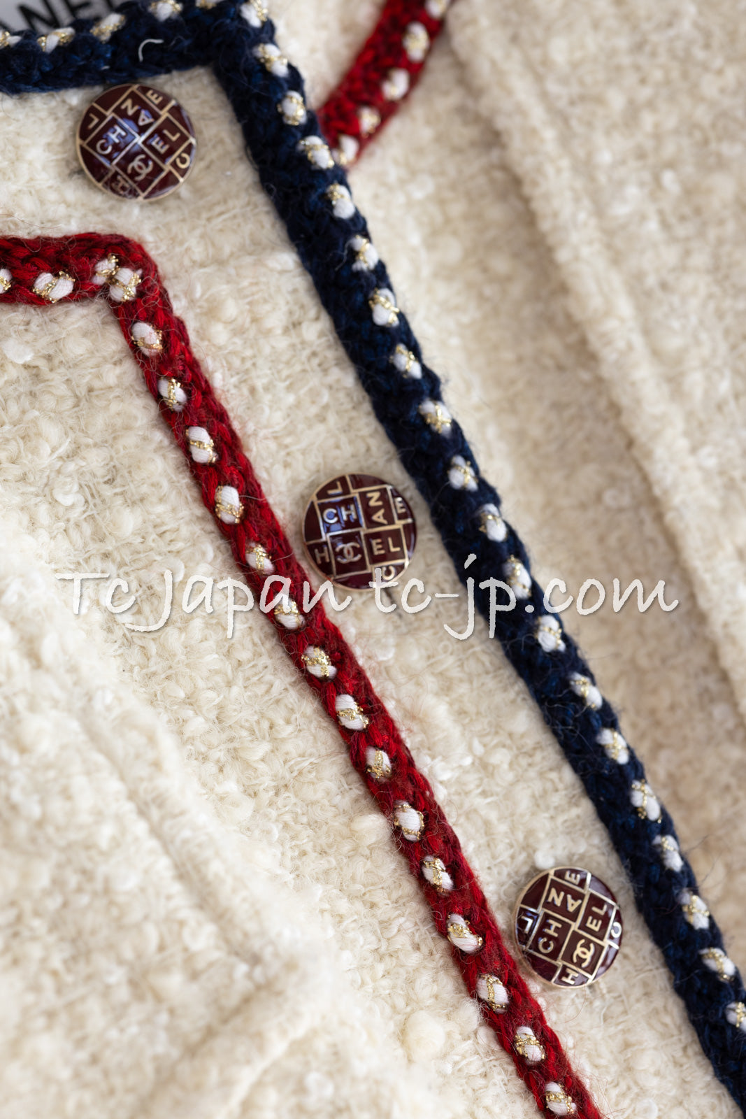 CHANEL 18PA Ivory Navy Red Tricolor Braid Trim Wool Tweed Jacket Coat 36 38 シャネル アイボリー ネイビー レッド トリコロール ブレード トリム ウール ジャケット コート 即発