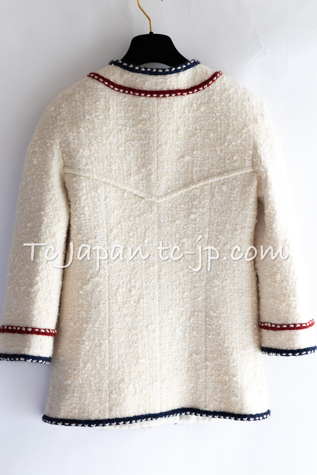 CHANEL 18PA Ivory Navy Red Tricolor Braid Trim Wool Tweed Jacket Coat 36 38 シャネル アイボリー ネイビー レッド トリコロール ブレード トリム ウール ジャケット コート 即発