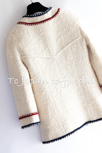 CHANEL 18PA Ivory Navy Red Tricolor Braid Trim Wool Tweed Jacket Coat 36 38 シャネル アイボリー ネイビー レッド トリコロール ブレード トリム ウール ジャケット コート 即発