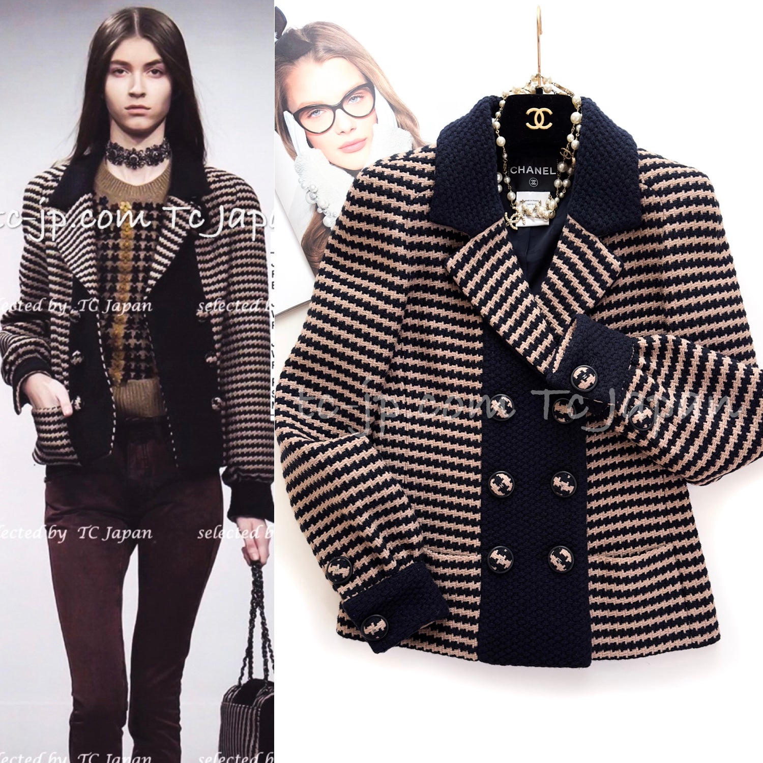 CHANEL 15B Beige Dark Navy Wool Tweed Coat Jacket 36 38 シャネル ベージュ ダーク ネイビー ウール ツイード コート ジャケット 即発