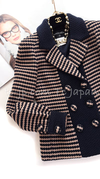 CHANEL 15B Beige Dark Navy Wool Tweed Coat Jacket 36 38 シャネル ベージュ ダーク ネイビー ウール ツイード コート ジャケット 即発
