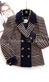 CHANEL 15B Beige Dark Navy Wool Tweed Coat Jacket 36 38 シャネル ベージュ ダーク ネイビー ウール ツイード コート ジャケット 即発