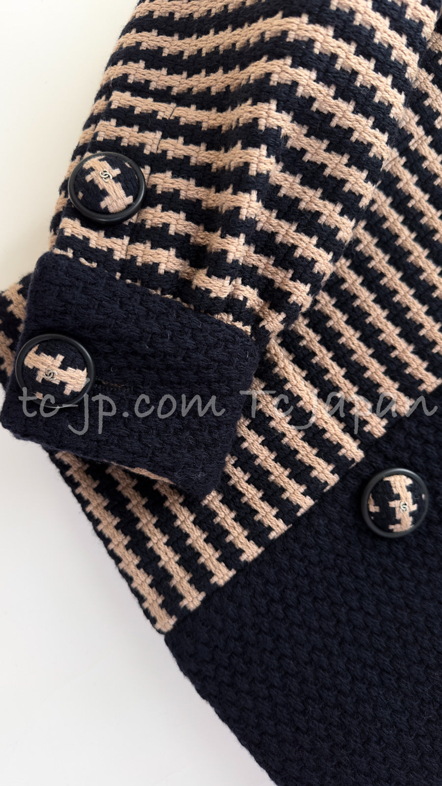 CHANEL 15B Beige Dark Navy Wool Tweed Coat Jacket 36 38 シャネル ベージュ ダーク ネイビー ウール ツイード コート ジャケット 即発