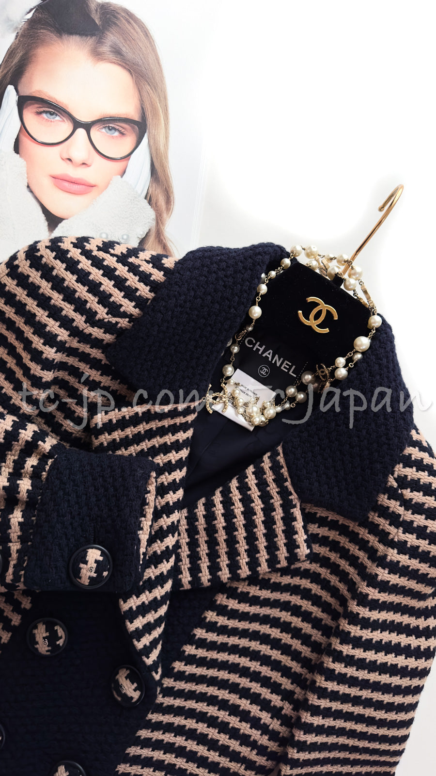 CHANEL 15B Beige Dark Navy Wool Tweed Coat Jacket 36 38 シャネル ベージュ ダーク ネイビー ウール ツイード コート ジャケット 即発