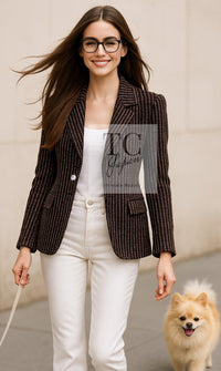 CHANEL 08A Red Black Gray Stripe Wool Cashemre Silk Angora Jacket 36 シャネル レッド ブラック グレー ストライプ ウール カシミア シルク アンゴラ ジャケット 即発