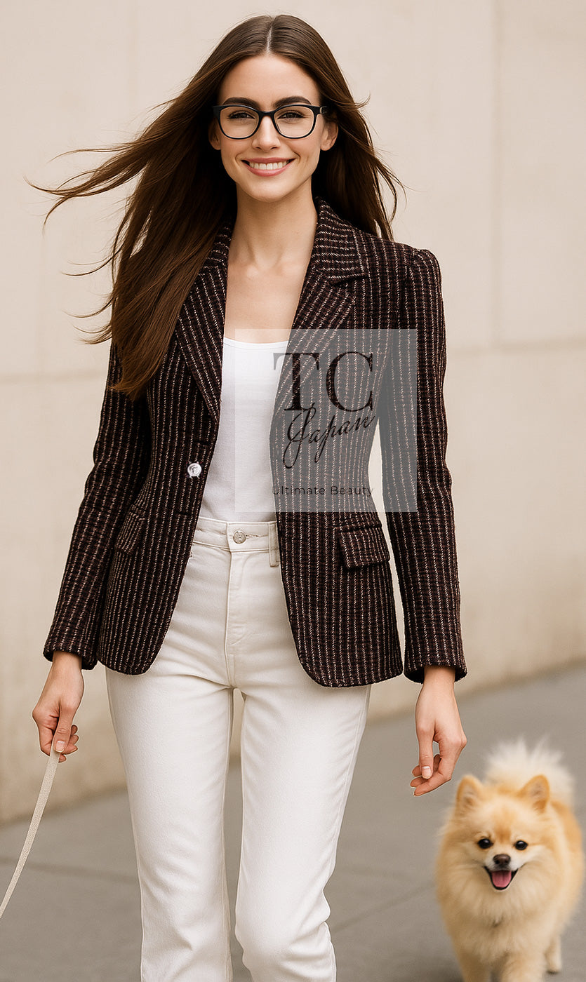 CHANEL 08A Red Black Gray Stripe Wool Cashemre Silk Angora Jacket 36 シャネル レッド ブラック グレー ストライプ ウール カシミア シルク アンゴラ ジャケット 即発