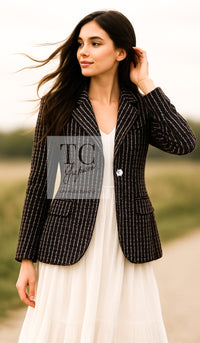 CHANEL 08A Red Black Gray Stripe Wool Cashemre Silk Angora Jacket 36 シャネル レッド ブラック グレー ストライプ ウール カシミア シルク アンゴラ ジャケット 即発