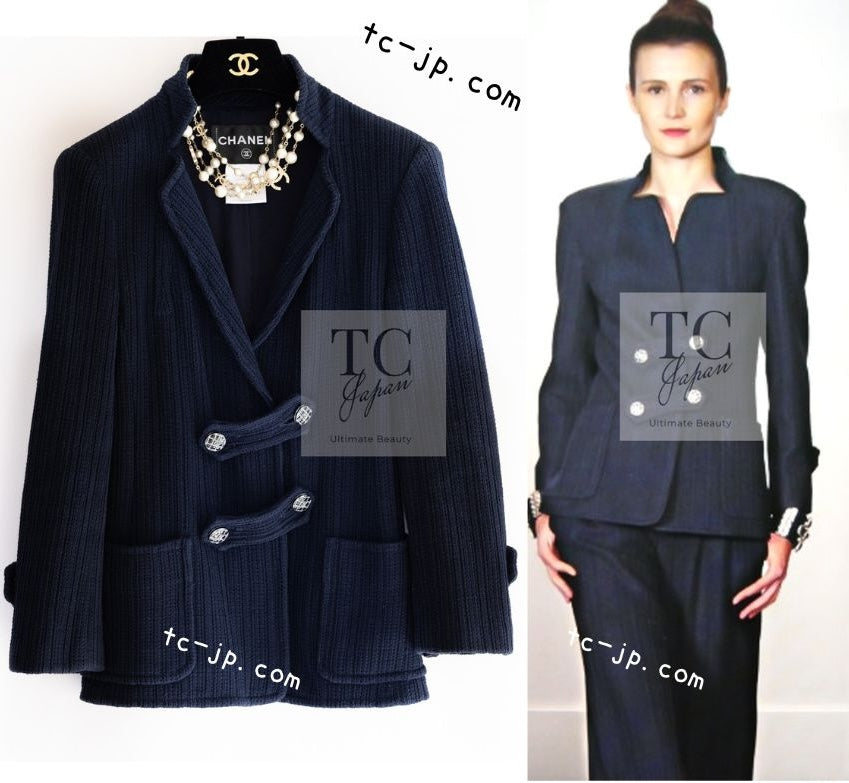 CHANEL 13S Navy Cotton Brandebourg Closing Knit Stretchable Tweed Jacket 34 シャネル ネイビー コットン ブランドバーグ ニット ツイード ジャケット 即発
