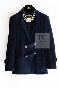 CHANEL 13S Navy Cotton Brandebourg Closing Knit Stretchable Tweed Jacket 34 シャネル ネイビー コットン ブランドバーグ ニット ツイード ジャケット 即発