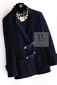 CHANEL 13S Navy Cotton Brandebourg Closing Knit Stretchable Tweed Jacket 34 シャネル ネイビー コットン ブランドバーグ ニット ツイード ジャケット 即発