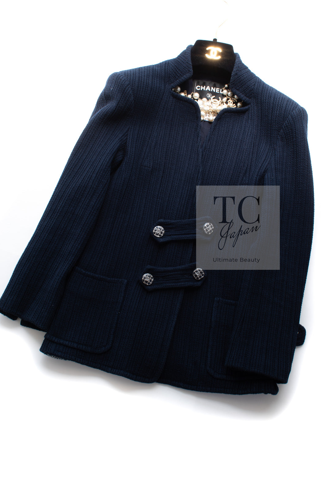 CHANEL 13S Navy Cotton Brandebourg Closing Knit Stretchable Tweed Jacket 34 シャネル ネイビー コットン ブランドバーグ ニット ツイード ジャケット 即発