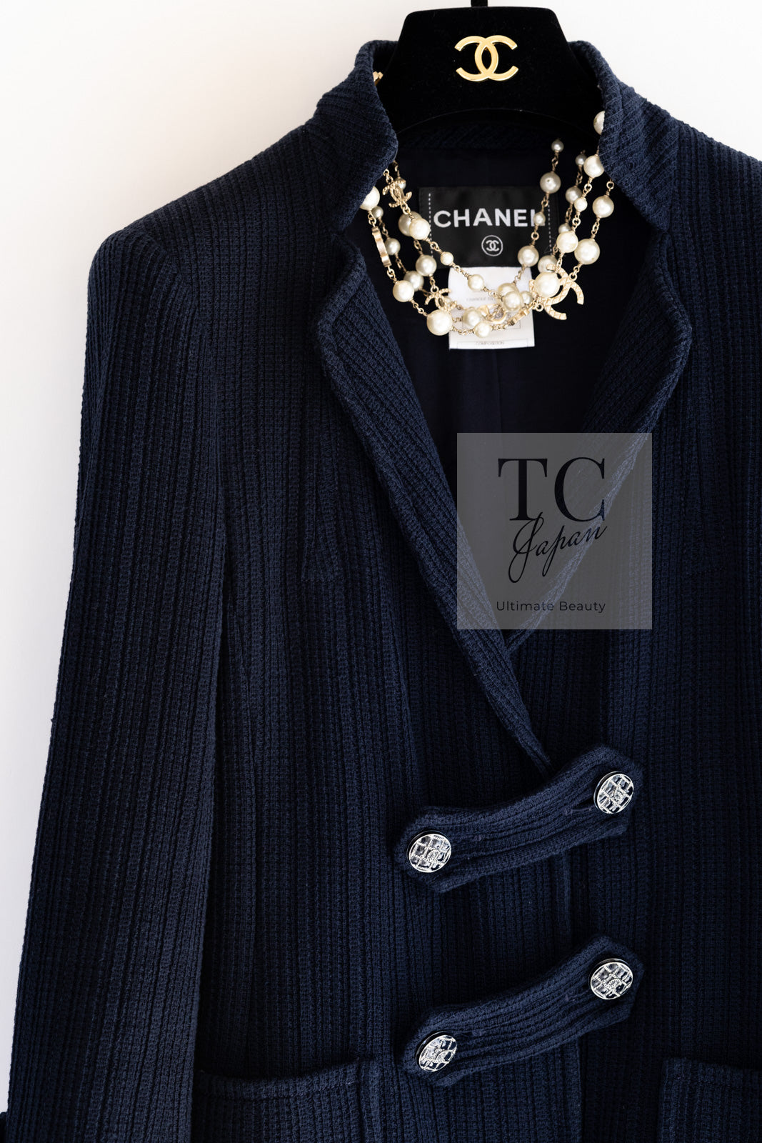 CHANEL 13S Navy Cotton Brandebourg Closing Knit Stretchable Tweed Jacket 34 シャネル ネイビー コットン ブランドバーグ ニット ツイード ジャケット 即発