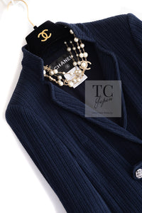 CHANEL 13S Navy Cotton Brandebourg Closing Knit Stretchable Tweed Jacket 34 シャネル ネイビー コットン ブランドバーグ ニット ツイード ジャケット 即発