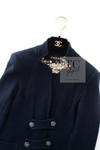 CHANEL 13S Navy Cotton Brandebourg Closing Knit Stretchable Tweed Jacket 34 シャネル ネイビー コットン ブランドバーグ ニット ツイード ジャケット 即発