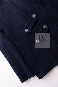 CHANEL 13S Navy Cotton Brandebourg Closing Knit Stretchable Tweed Jacket 34 シャネル ネイビー コットン ブランドバーグ ニット ツイード ジャケット 即発