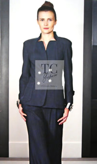 CHANEL 13S Navy Cotton Brandebourg Closing Knit Stretchable Tweed Jacket 34 シャネル ネイビー コットン ブランドバーグ ニット ツイード ジャケット 即発