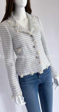 CHANEL 05C Pale Blue Fringe Tweed Jacket 36 シャネル ペールブルー フリンジ ツイード ジャケット 即発
