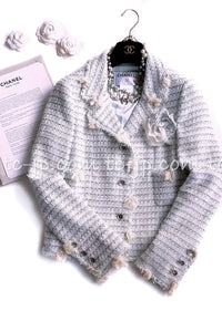 CHANEL 05C Pale Blue Fringe Tweed Jacket 36 シャネル ペールブルー フリンジ ツイード ジャケット 即発