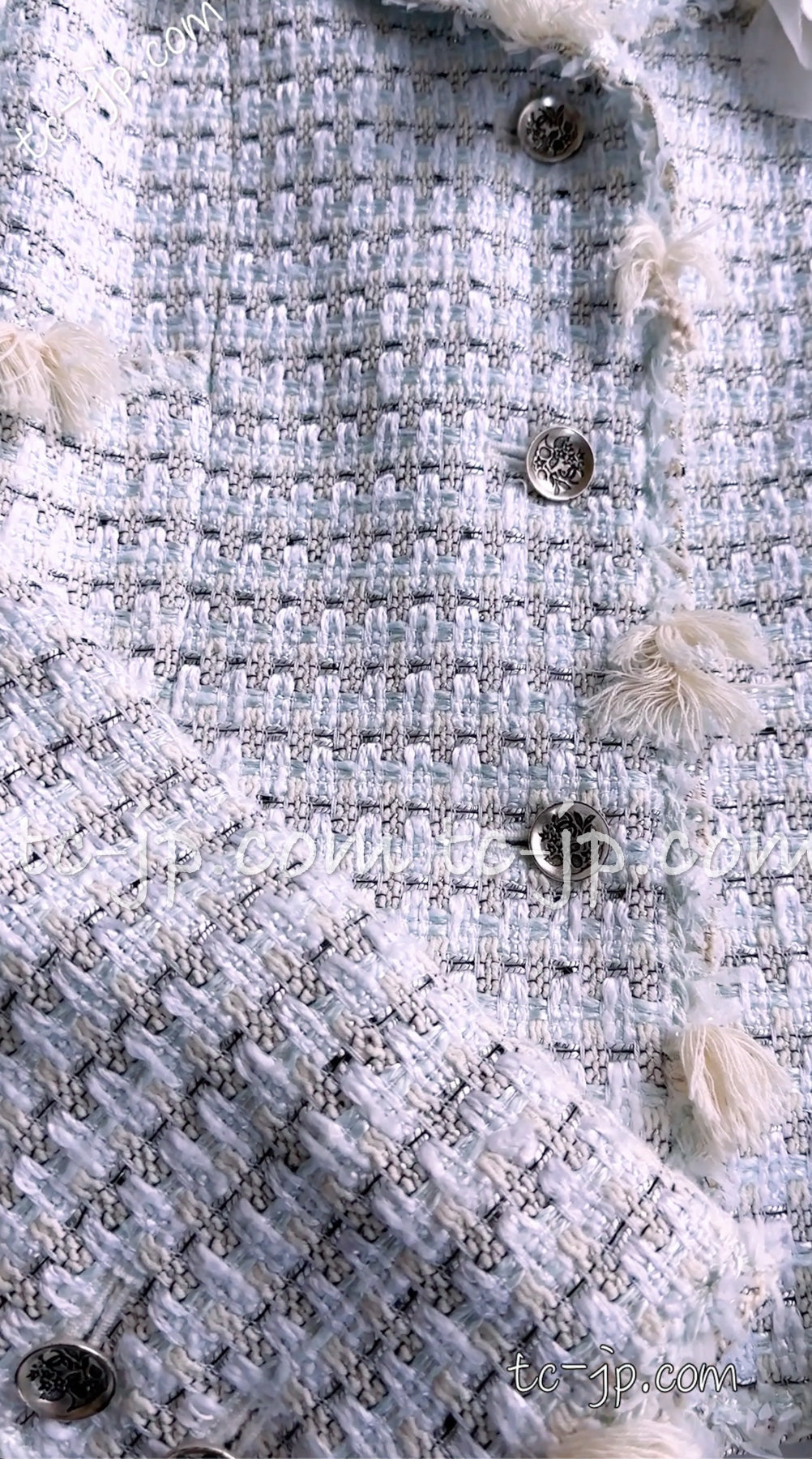 CHANEL 05C Pale Blue Fringe Tweed Jacket 36 シャネル ペールブルー フリンジ ツイード ジャケット 即発
