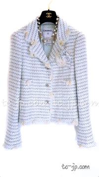 CHANEL 05C Pale Blue Fringe Tweed Jacket 36 シャネル ペールブルー フリンジ ツイード ジャケット 即発