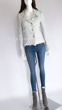 CHANEL 05C Pale Blue Fringe Tweed Jacket 36 シャネル ペールブルー フリンジ ツイード ジャケット 即発