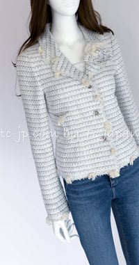 CHANEL 05C Pale Blue Fringe Tweed Jacket 36 シャネル ペールブルー フリンジ ツイード ジャケット 即発
