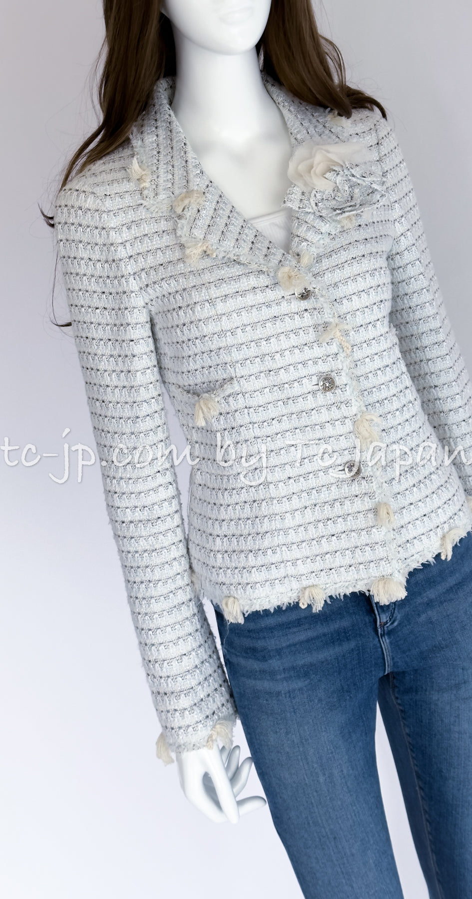 CHANEL 05C Pale Blue Fringe Tweed Jacket 36 シャネル ペールブルー フリンジ ツイード ジャケット 即発