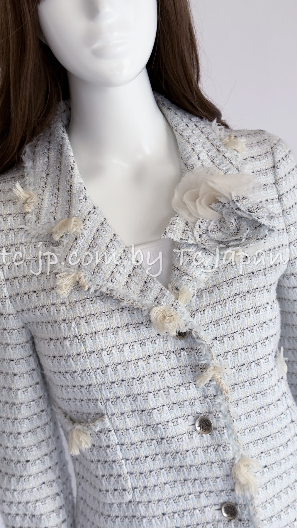 CHANEL 05C Pale Blue Fringe Tweed Jacket 36 シャネル ペールブルー フリンジ ツイード ジャケット 即発