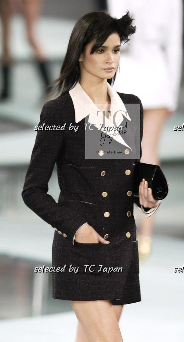 CHANEL 02S Black Beige Ivory Double Tweed Coat Jacket 42 シャネル ブラック ベージュ アイボリー ダブル ココボタン ツイード コート ジャケット 即発
