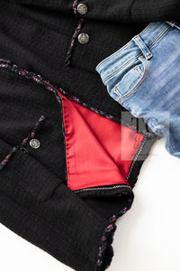 CHANEL 10PF Black Red Trimming Wool Tweed Collarless Jacket 34 38 シャネル ブラック レッド トリミング ウール ツイード ノーカラー ジャケット 即発