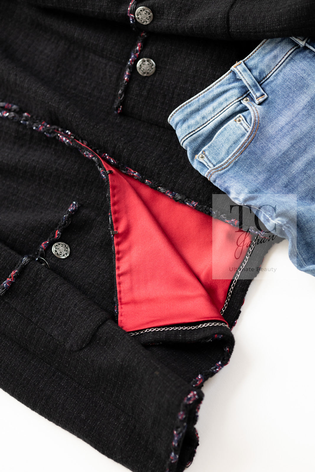 CHANEL 10PF Black Red Trimming Wool Tweed Collarless Jacket 34 38 シャネル ブラック レッド トリミング ウール ツイード ノーカラー ジャケット 即発