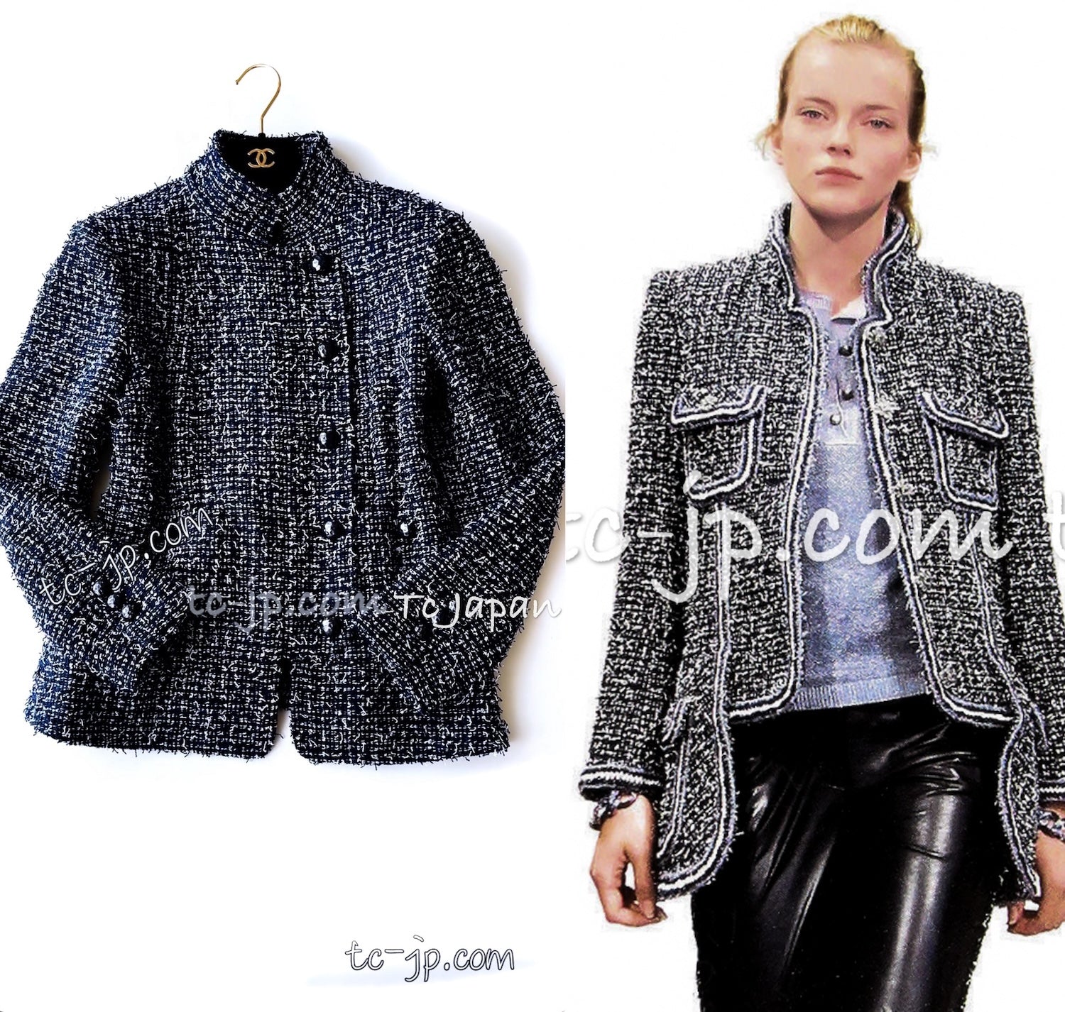 CHANEL 15S Navy Blue Stand Collar Zipper Tweed Jacket 38 40 シャネル ネイビー ブルー スタンド襟 ジッパー ツイード ジャケット 即発