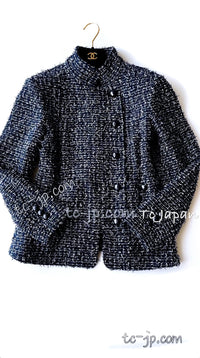CHANEL 15S Navy Blue Stand Collar Zipper Tweed Jacket 38 40 シャネル ネイビー ブルー スタンド襟 ジッパー ツイード ジャケット 即発