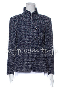 CHANEL 15S Navy Blue Stand Collar Zipper Tweed Jacket 38 40 シャネル ネイビー ブルー スタンド襟 ジッパー ツイード ジャケット 即発