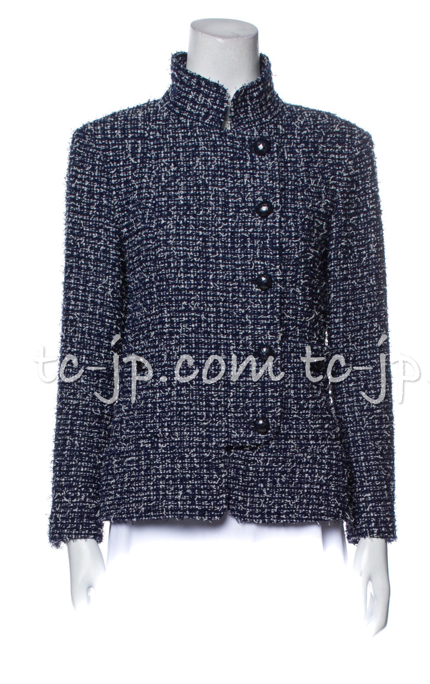 CHANEL 15S Navy Blue Stand Collar Zipper Tweed Jacket 38 40 シャネル ネイビー ブルー スタンド襟 ジッパー ツイード ジャケット 即発